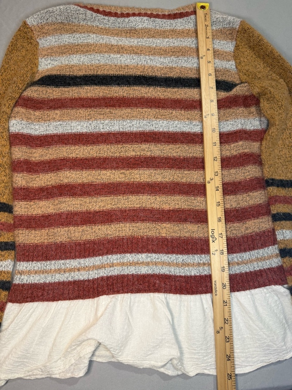 Hem & Thread Large Mustard Rust White Striped Peplum Sweater Top Boho Fall Cozy - Picture 6 of 8